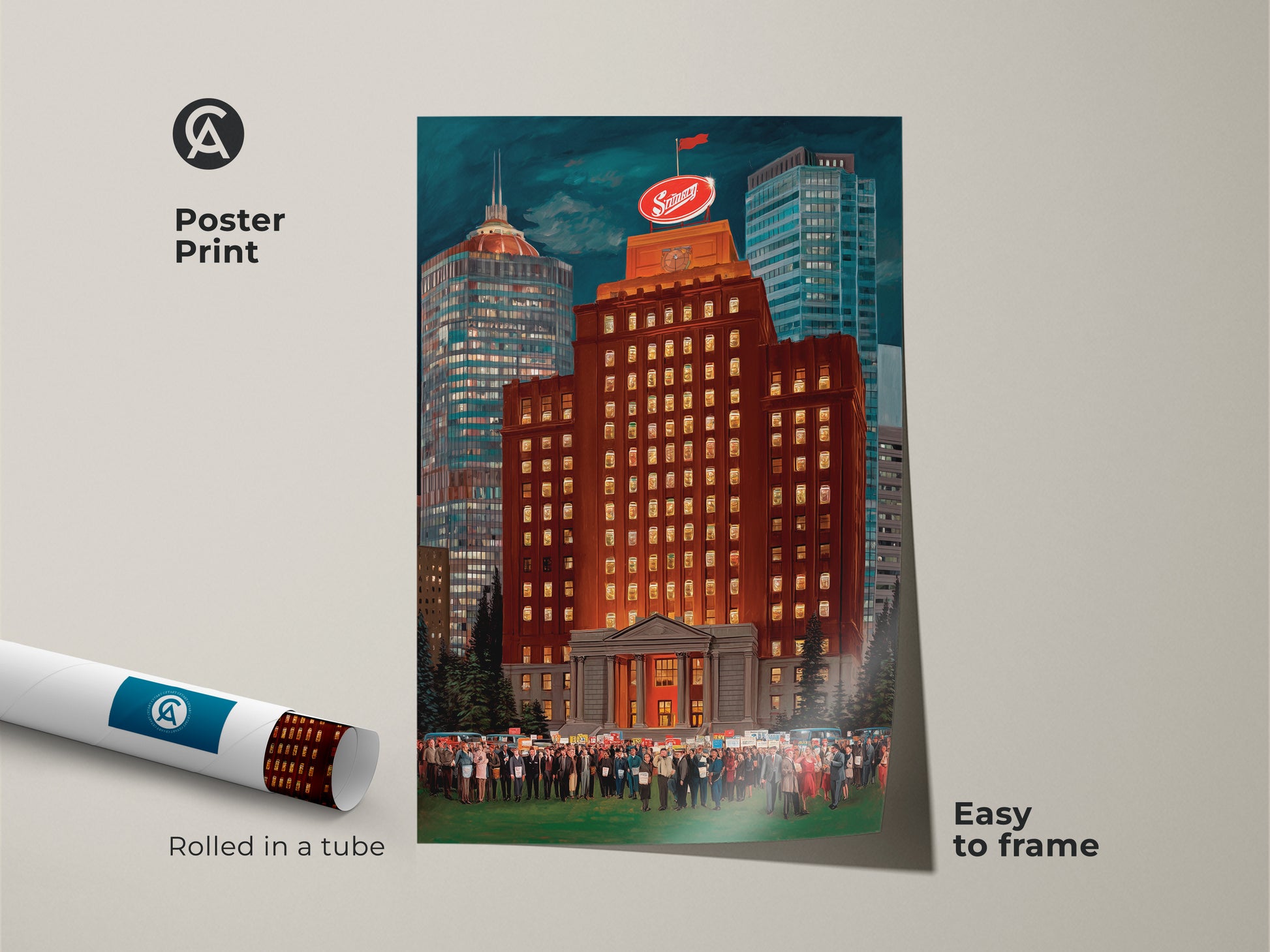 Poster print of a burnt orange and golden yellow skyline. Rolled in a tube this contemporary cityscape artwork is easy to frame. This narrative architecture piece depicts a crowd and city building. Ideal art for a local enthusiast.