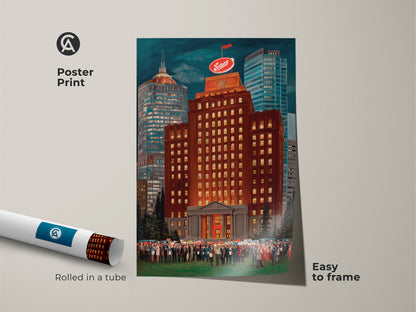 Poster print of a burnt orange and golden yellow skyline. Rolled in a tube this contemporary cityscape artwork is easy to frame. This narrative architecture piece depicts a crowd and city building. Ideal art for a local enthusiast.