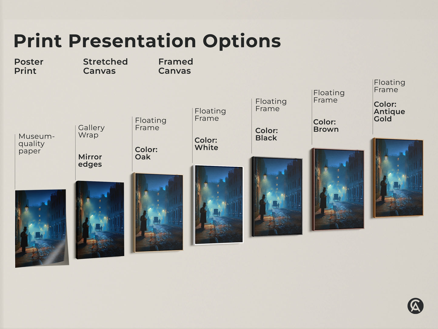Explore print presentation options for the Victorian street scene. Choose from poster prints stretched canvas or framed canvas. Available with museum-quality paper gallery wrap mirror edges and floating frames in black white oak brown and antique gold.