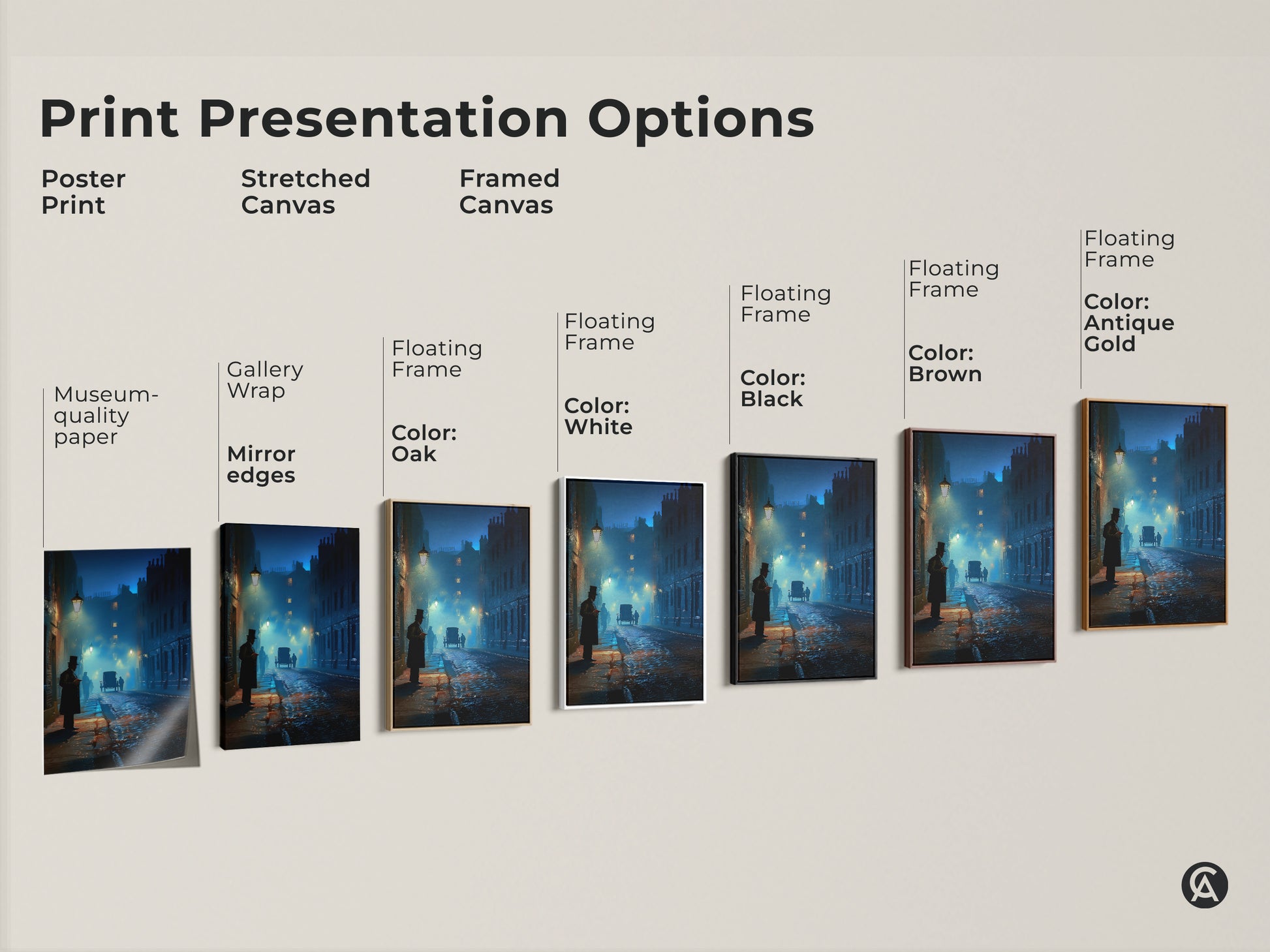 Explore print presentation options for the Victorian street scene. Choose from poster prints stretched canvas or framed canvas. Available with museum-quality paper gallery wrap mirror edges and floating frames in black white oak brown and antique gold.