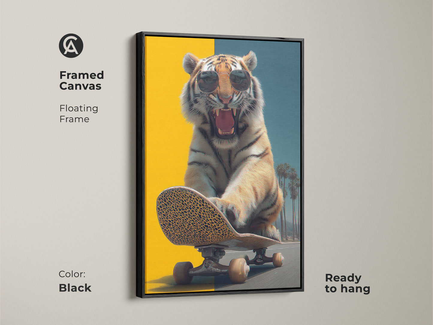 This framed canvas presents a tiger riding a skateboard. The wildlife artwork uses a floating black frame. The cool pop art piece adds an edgy vibe to any room. Ready to hang in your office or man cave. This surreal animal canvas is a statement piece.