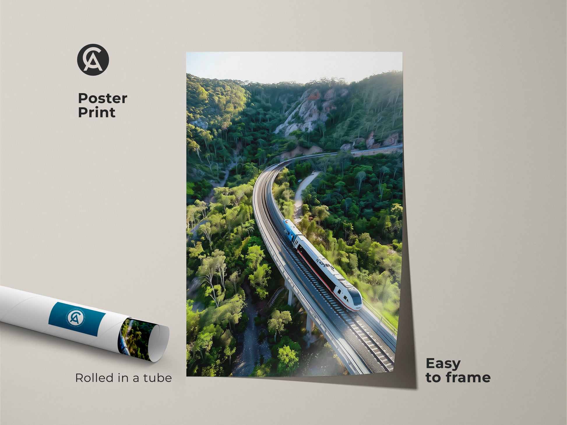 Discover the beauty of this aerial train landscape as a poster print. This contemporary travel artwork is easy to frame. Rolled in a tube for protection it arrives ready for display. The green mountain train print adds a scenic touch to any room. Ideal for modern home office decor and travel enthusiasts.