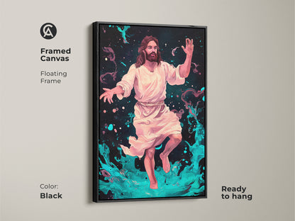 Framed Canvas of Jesus Christ Abstract with Floating Frame in Black. This is religious painting teal and ready to hang. Abstract cosmic art spiritual wall decor. Modern bedroom art pink abstract art.