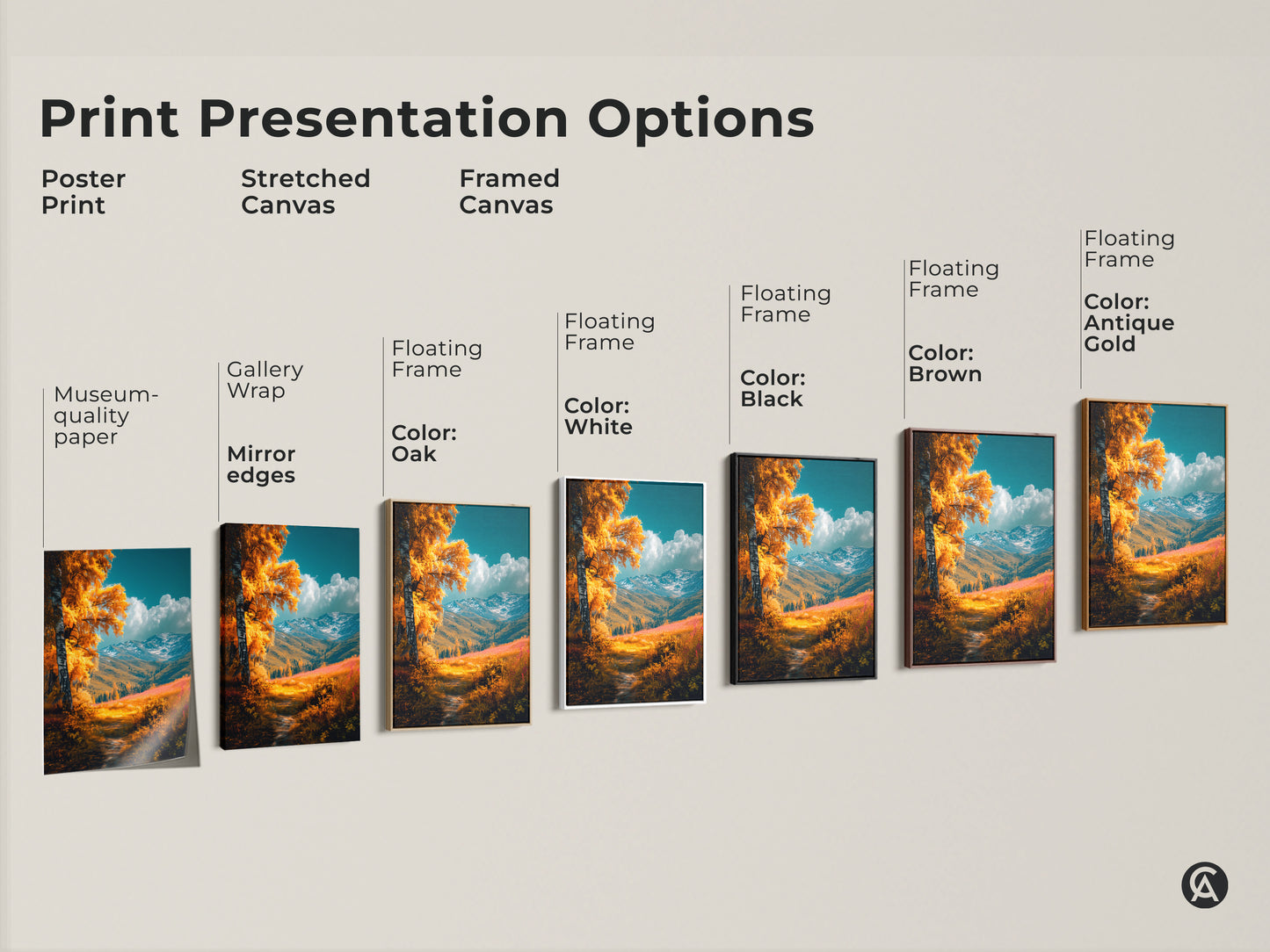Explore print presentation options for this golden autumn landscape artwork. Choose from poster prints stretched canvas and framed canvas. Each option highlights the birch tree and mountain scenery. Find the perfect style to suit your taste.
