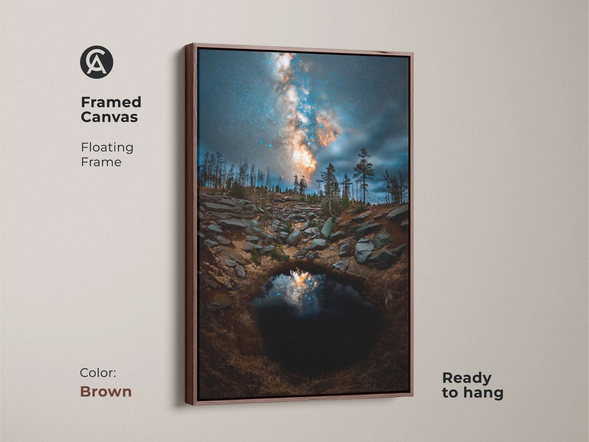 The framed canvas art has a floating brown frame. It features a night sky landscape print. It's a unique space gift for stargazers and nature lovers. Ready to hang in any room.