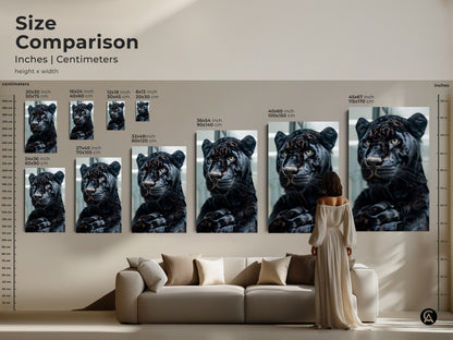 Size comparison of the black panther artwork in inches and centimeters. See how different sizes fit above a couch. Visualize the perfect scale for your space. Choose from canvas or poster prints to bring this wildlife art to life.