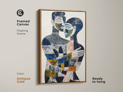 Close-up of the abstract art's textured surface. The indigo blue and orange colors blend beautifully. This figurative couple embrace artwork is perfect for adding a modern touch. A unique anniversary gift idea. Elevate your eclectic wall decor with this print.