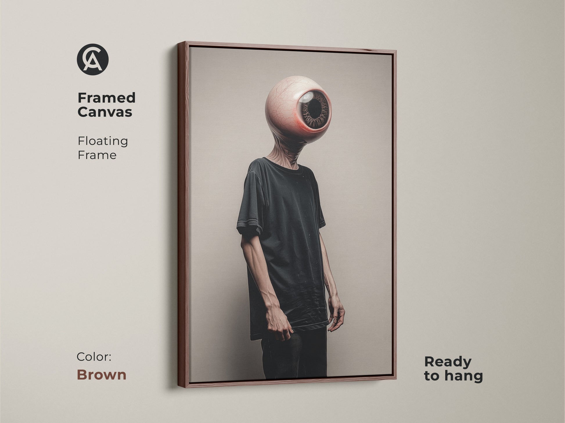 Framed in brown this canvas art features a surreal eyeball head. The conceptual figure art with its dark aesthetic enriches eclectic decor. Ready to hang this piece is perfect for adding depth. This unique office art is ideal as a brown beige art lover Halloween gift.