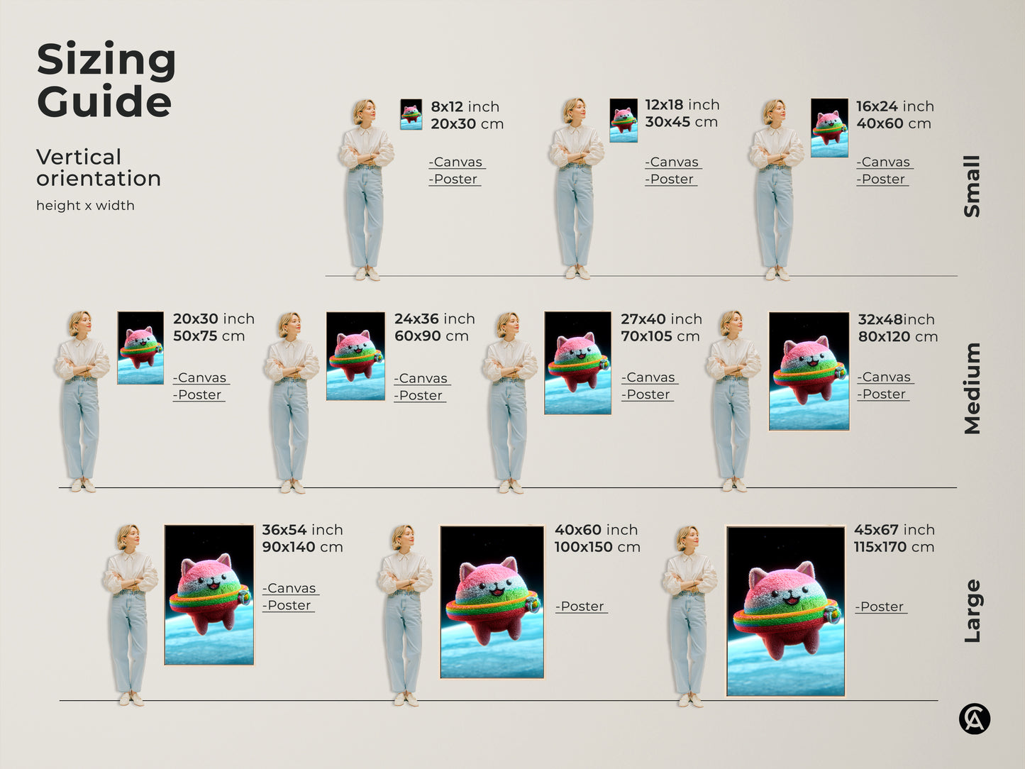 This sizing guide shows the Kawaii Cat Astronaut artwork in various vertical sizes. The canvas and poster options range from small to large. Find the perfect fit for your space with this cute cat astronaut canvas art. It is a rainbow ring kitty print for kids room decor.