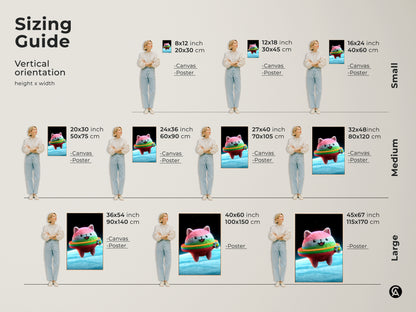 This sizing guide shows the Kawaii Cat Astronaut artwork in various vertical sizes. The canvas and poster options range from small to large. Find the perfect fit for your space with this cute cat astronaut canvas art. It is a rainbow ring kitty print for kids room decor.