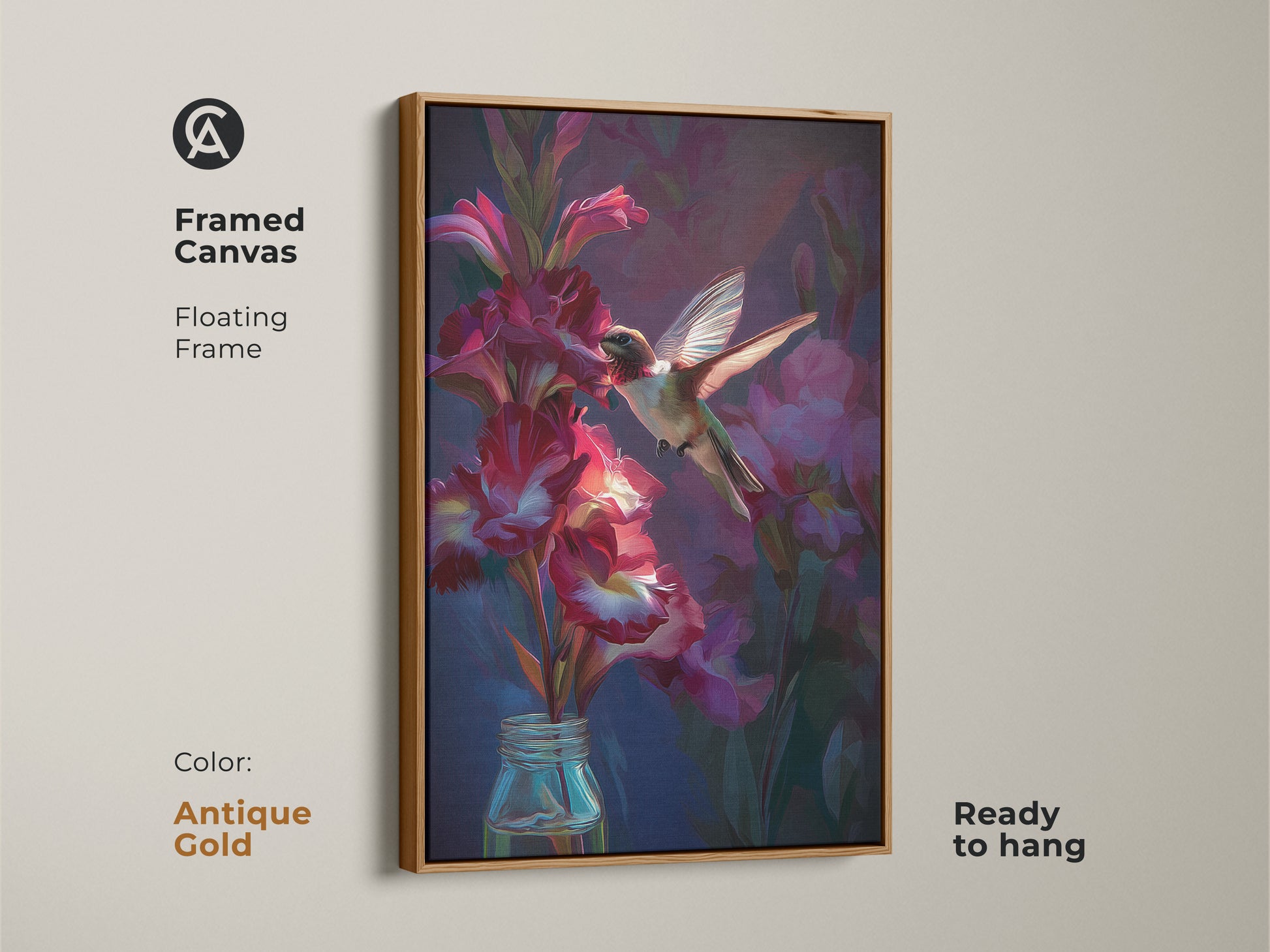 Framed canvas of a hummingbird and crimson gladiolus flowers with an antique gold floating frame. Ready to hang high-quality art print. This crimson gladiolus canvas is a unique wall decor piece.
