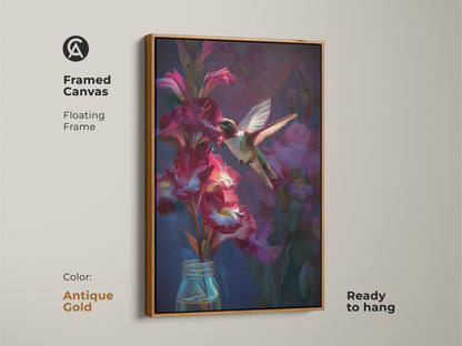 Framed canvas of a hummingbird and crimson gladiolus flowers with an antique gold floating frame. Ready to hang high-quality art print. This crimson gladiolus canvas is a unique wall decor piece.