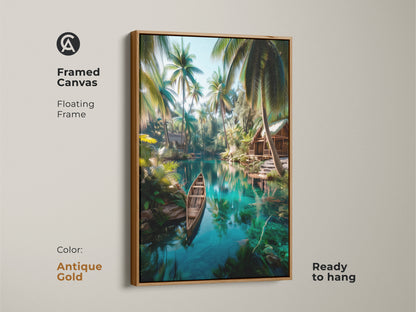 Framed canvas print with a floating frame in antique gold. Features tropical island artwork with a peaceful lagoon. This framed artwork adds a touch of sophistication to your home decor. Ready to hang.