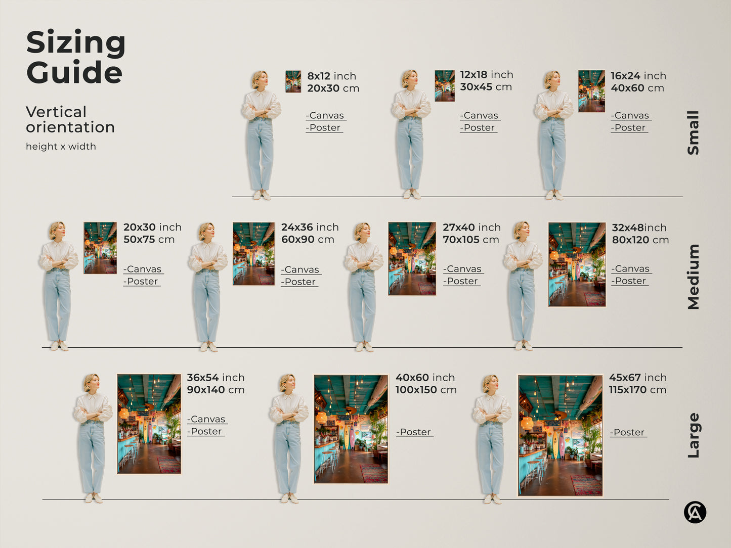 Find the perfect size for your surf shack canvas or poster. This sizing guide shows vertical orientation options. Available in small medium and large sizes. Choose from various inch and centimeter dimensions. This artwork fits perfectly in any space. Add a touch of the beach to your home.