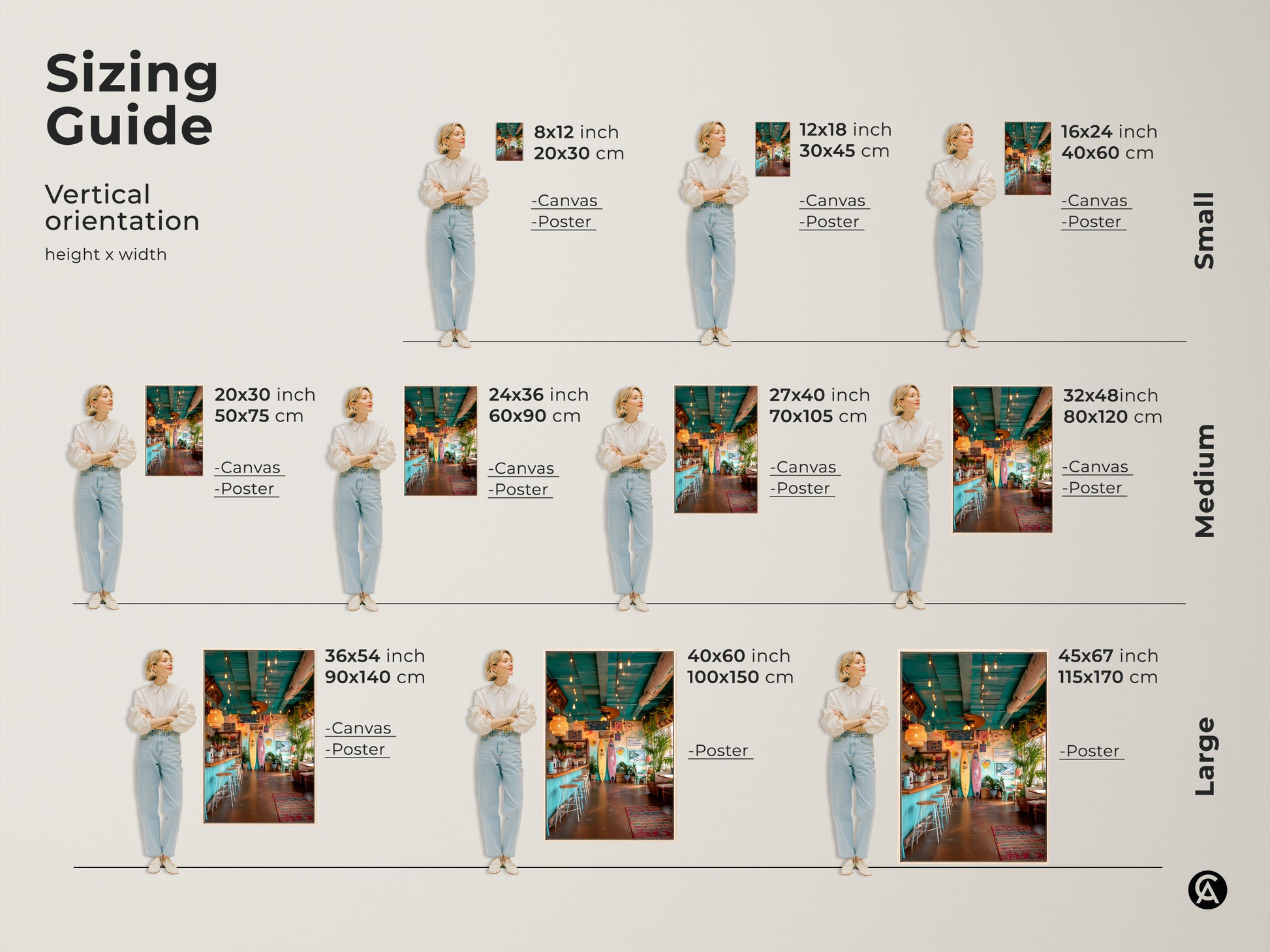 Find the perfect size for your surf shack canvas or poster. This sizing guide shows vertical orientation options. Available in small medium and large sizes. Choose from various inch and centimeter dimensions. This artwork fits perfectly in any space. Add a touch of the beach to your home.