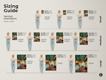 Find the perfect size for your surf shack canvas or poster. This sizing guide shows vertical orientation options. Available in small medium and large sizes. Choose from various inch and centimeter dimensions. This artwork fits perfectly in any space. Add a touch of the beach to your home.