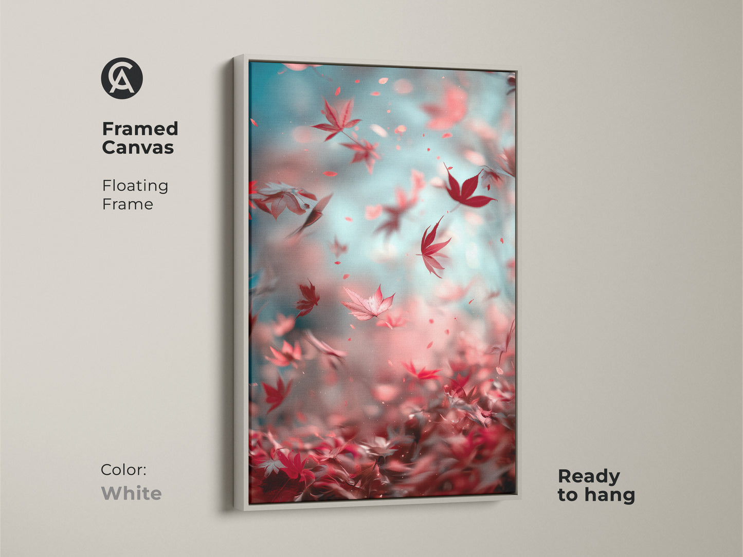 Framed canvas art featuring falling maple leaves and a white floating frame. This ready-to-hang artwork adds a serene touch to any room. Perfect for creating a calming atmosphere in your home. A stylish and beautiful piece of nature-inspired art.