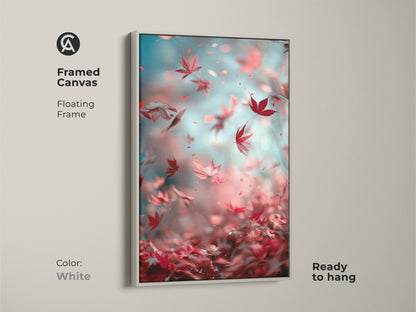 Framed canvas art featuring falling maple leaves and a white floating frame. This ready-to-hang artwork adds a serene touch to any room. Perfect for creating a calming atmosphere in your home. A stylish and beautiful piece of nature-inspired art.