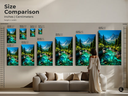 Size comparison of mountain river art prints in inches and centimeters. See how the emerald green turquoise landscape transforms a living room. From small to large sizes the alpine scenery artwork fits any space. Photorealistic nature decor for outdoor enthusiasts. Perfect housewarming present to bring nature indoors.