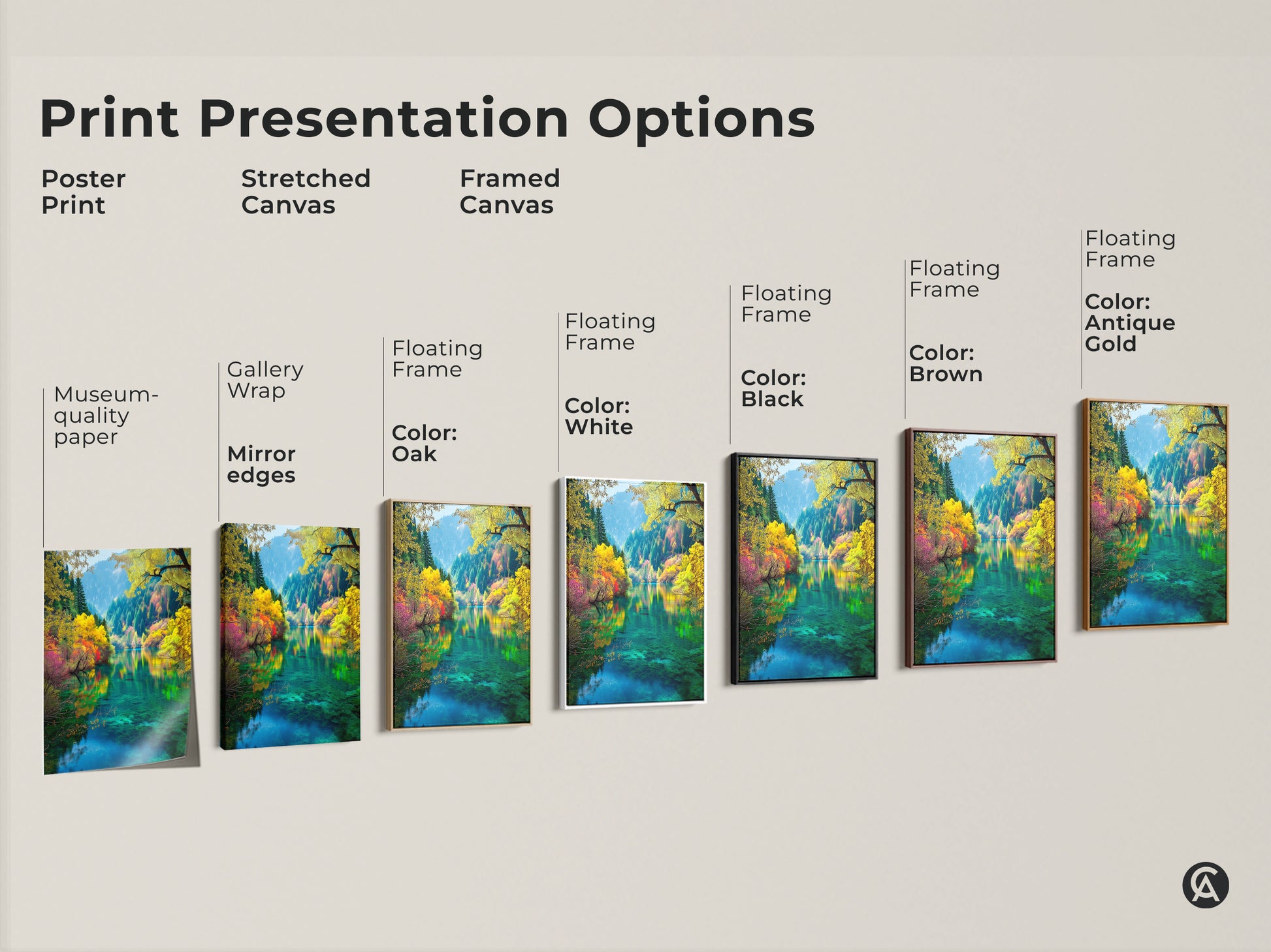 Explore our print presentation options. Choose from poster prints stretched canvas or framed canvas art to showcase the stunning Jiuzhaigou Valley. Find the perfect museum-quality paper or gallery wrap to enhance your space. Shop now!