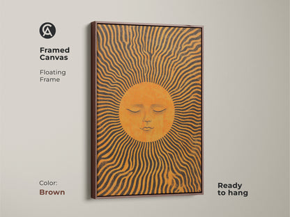 Framed in brown this canvas features an orange sun face art print. The boho celestial wall art has mid-century sun rays creating a modern look. Ready to hang it enhances any room with warmth and artistic beauty. A unique housewarming gift.