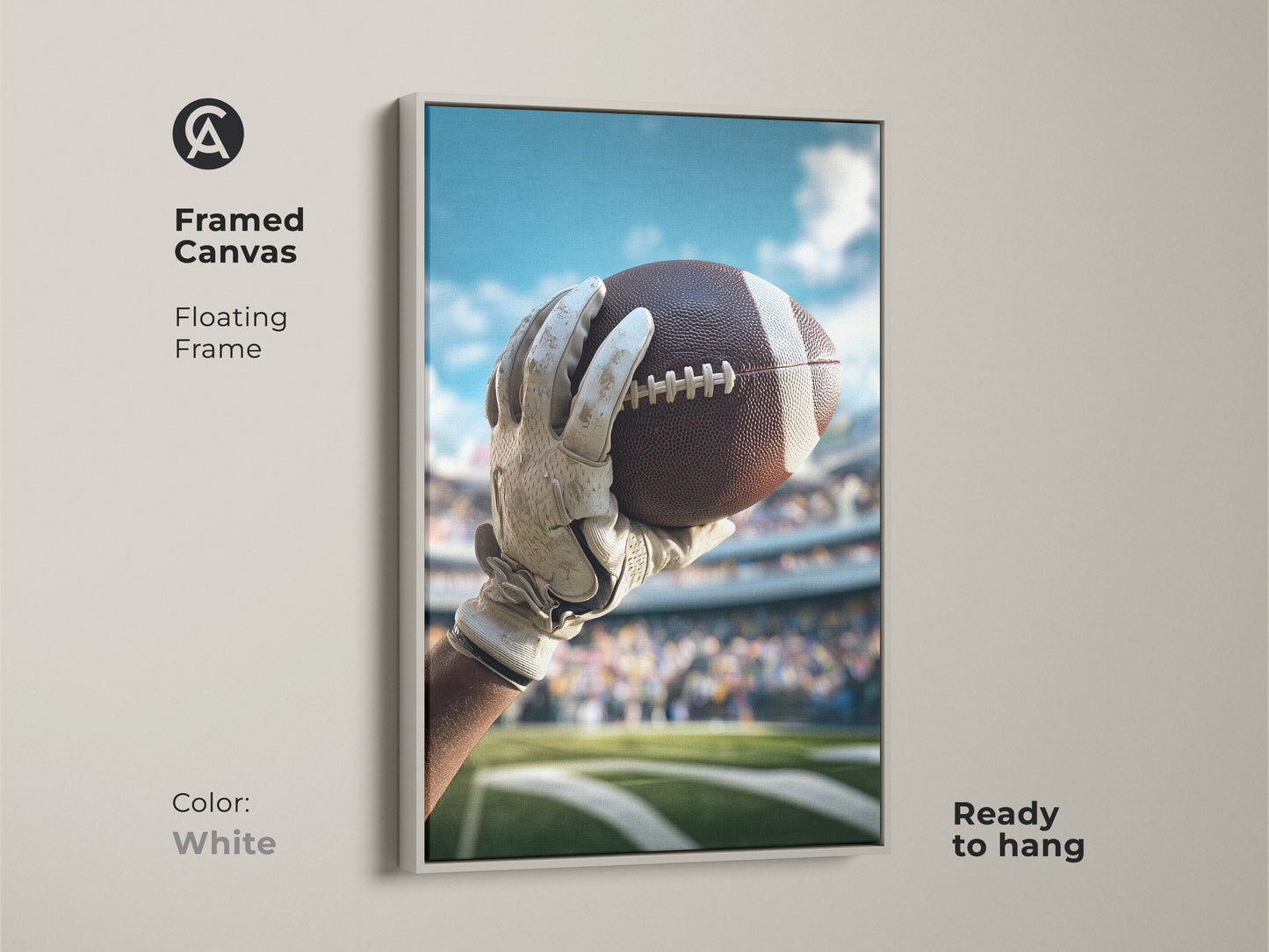 White framed canvas displaying a realistic football artwork. The floating frame complements this sports-themed wall decor. Ideal for adding a sporty touch to any space.
