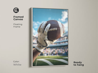 White framed canvas displaying a realistic football artwork. The floating frame complements this sports-themed wall decor. Ideal for adding a sporty touch to any space.