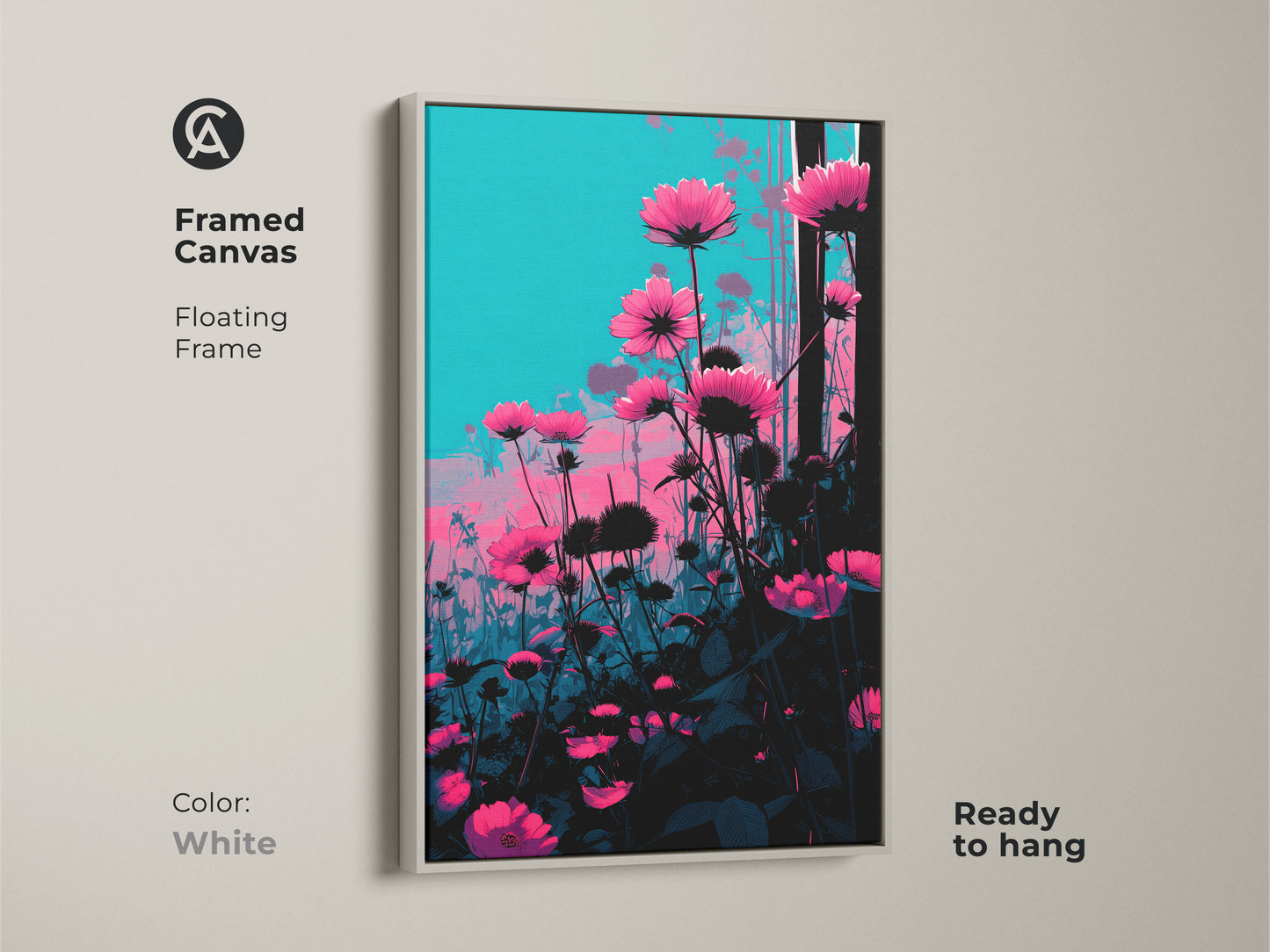 White framed canvas art of pink cosmos flowers. This teal botanical artwork adds a modern touch to any room. Ready to hang this floral stem wall art is a perfect housewarming gift. Enjoy this nature inspired art.