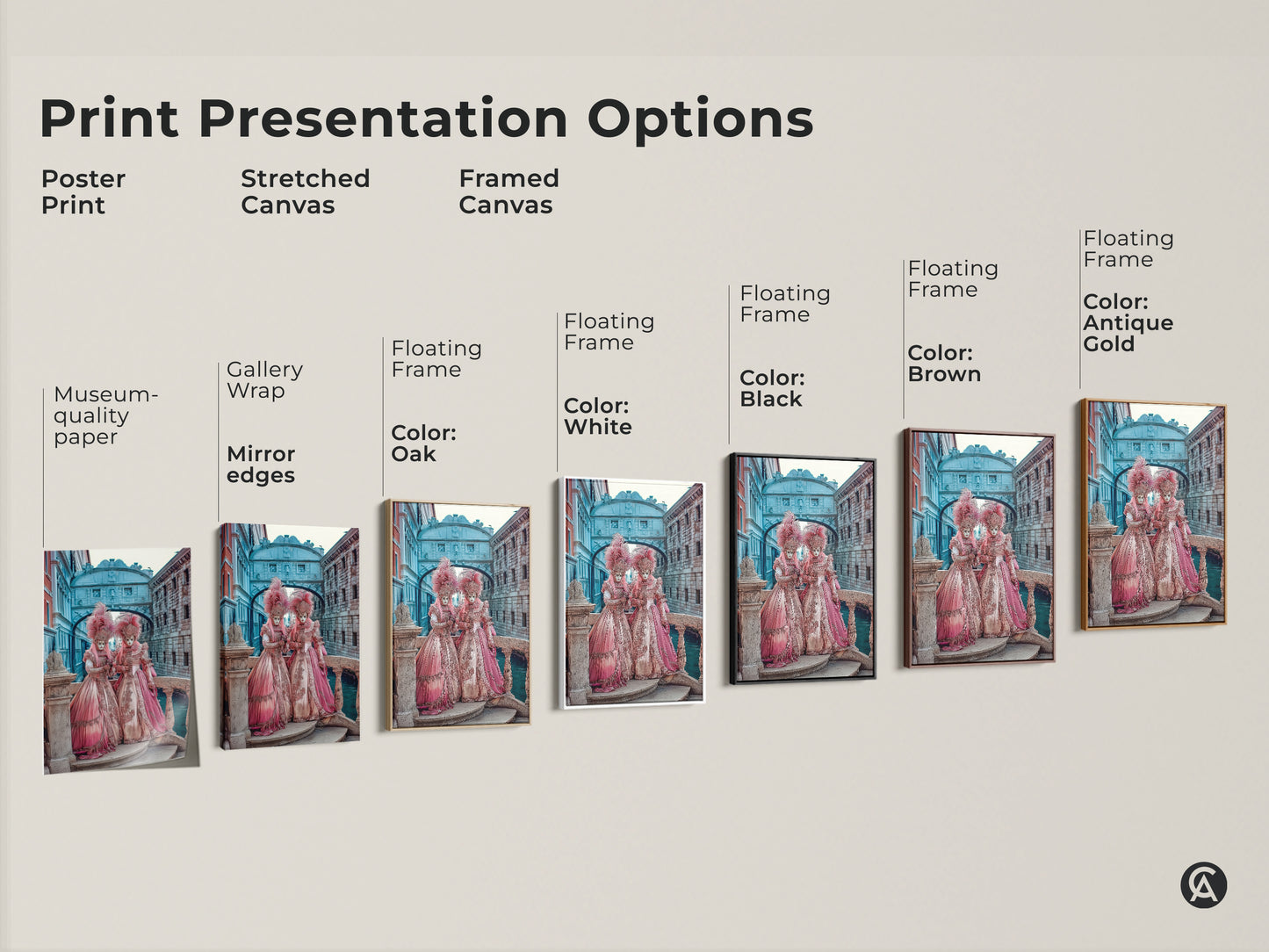 Print presentation options for Venetian Carnival Artwork. Options include poster print stretched canvas and framed canvas. Frame colors include white black brown oak and antique gold. Find the perfect fit for your style.