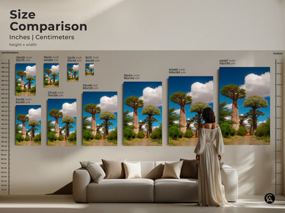 Size comparison of realistic baobab trees artwork in inches and centimeters. Various sizes displayed above a sofa to showcase scale. Perfect for boho home decor and residential wall decor. Visualize how this African nature landscape print fits in your space. A stunning piece of travel destination art.