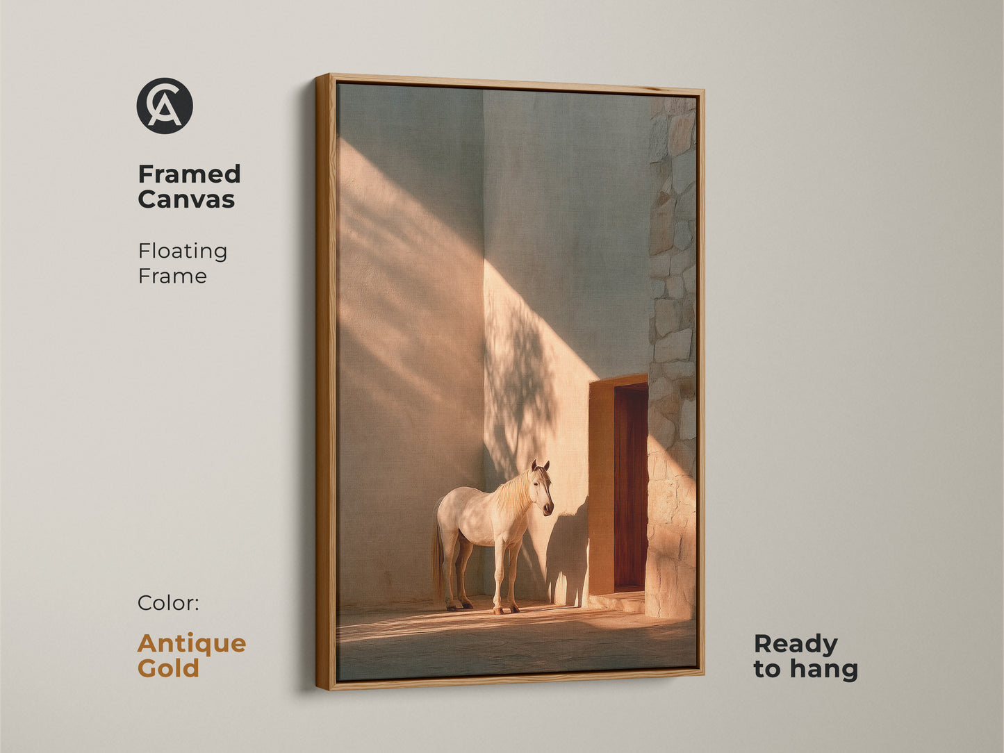 Framed canvas in antique gold showcasing minimalist horse wall art. This photorealistic horse print features warm ochre tones. The floating frame enhances modern entry hall decor. An equestrian gift for her that is ready to hang. Light and shadow create a chic animal wall art. Perfect for minimalist animal print.