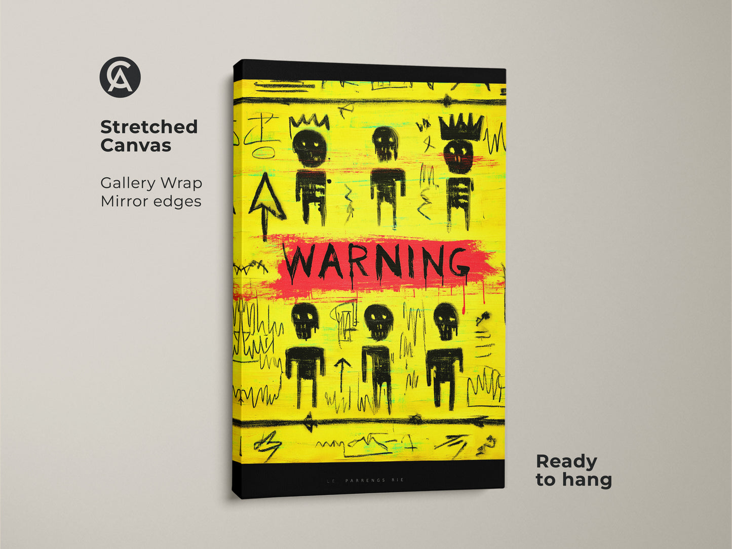 Stretched canvas print of yellow and black graffiti art. This abstract street art print showcases neo-expressionism. It's a ready-to-hang canvas art piece. Perfect for eclectic home decor or as bold office wall art. The mirror edges add a gallery wrap.