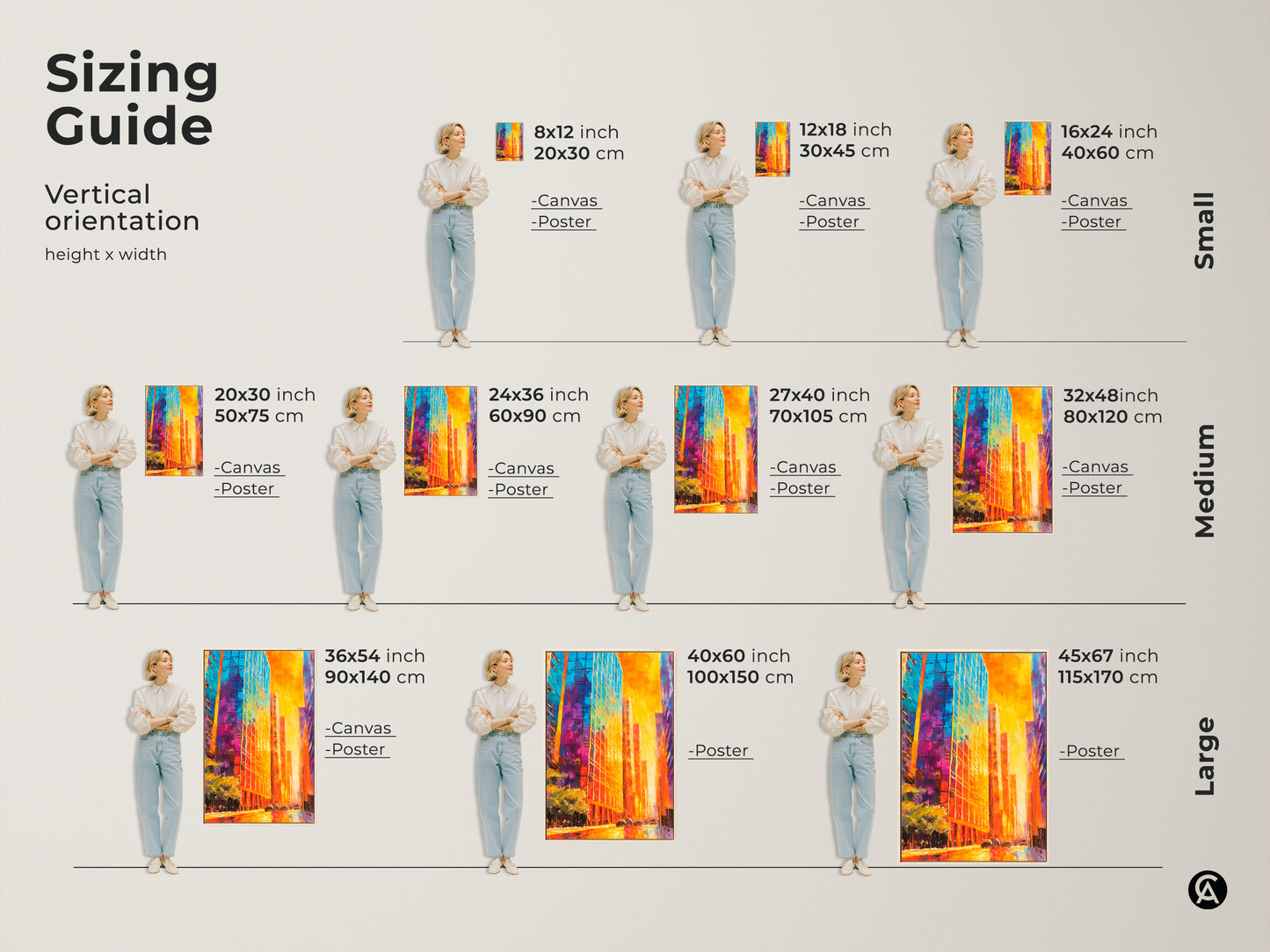 Find the perfect size for your art. This sizing guide shows vertical art in small medium and large sizes. Art of vibrant city buildings is available as canvas or poster. Visualize how each size will look in your space. Shop now for art