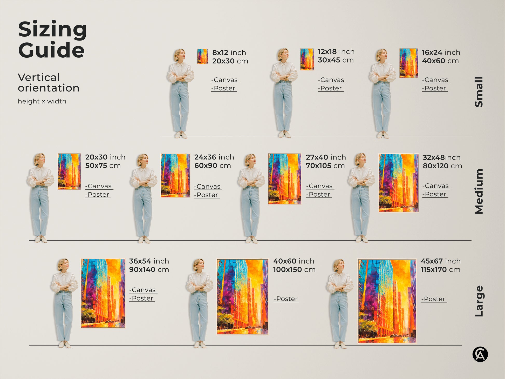 Find the perfect size for your art. This sizing guide shows vertical art in small medium and large sizes. Art of vibrant city buildings is available as canvas or poster. Visualize how each size will look in your space. Shop now for art