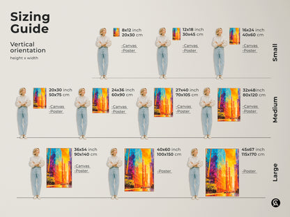 Find the perfect size for your art. This sizing guide shows vertical art in small medium and large sizes. Art of vibrant city buildings is available as canvas or poster. Visualize how each size will look in your space. Shop now for art