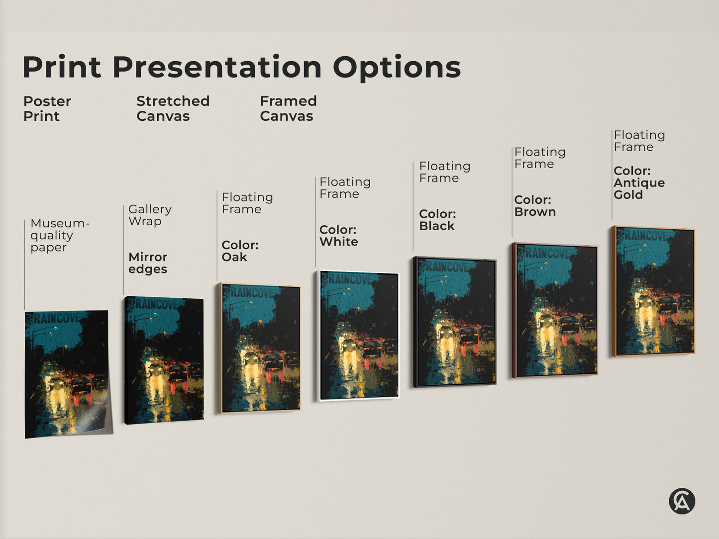 Explore print presentation options for this contemporary artwork. See the poster print stretched canvas and framed canvas options. Each showcases the urban rain teal black yellow cityscape. Select the perfect museum-quality finish for your modern home decor. It is ideal urban life art.