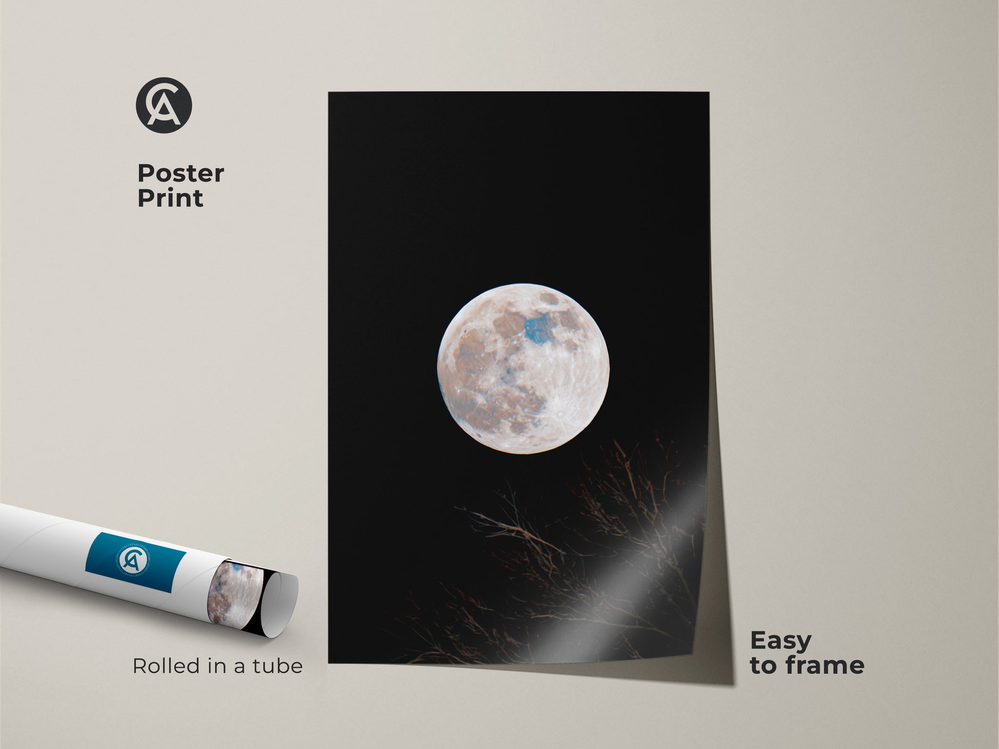 Poster print of a moon art piece. This wall art features a full moon against a black sky. Branches are silhouetted at the bottom. The poster is rolled in a tube and easy to frame. Shop moon art posters.