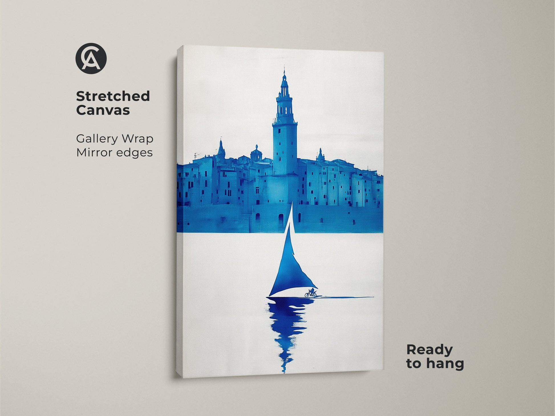 Close up of a minimalist sailboat canvas gallery wrap. This cityscape art features mirror edges and is ready to hang. Ideal for modern nautical wall art and coastal entry hall decor.