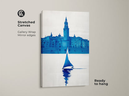 Close up of a minimalist sailboat canvas gallery wrap. This cityscape art features mirror edges and is ready to hang. Ideal for modern nautical wall art and coastal entry hall decor.