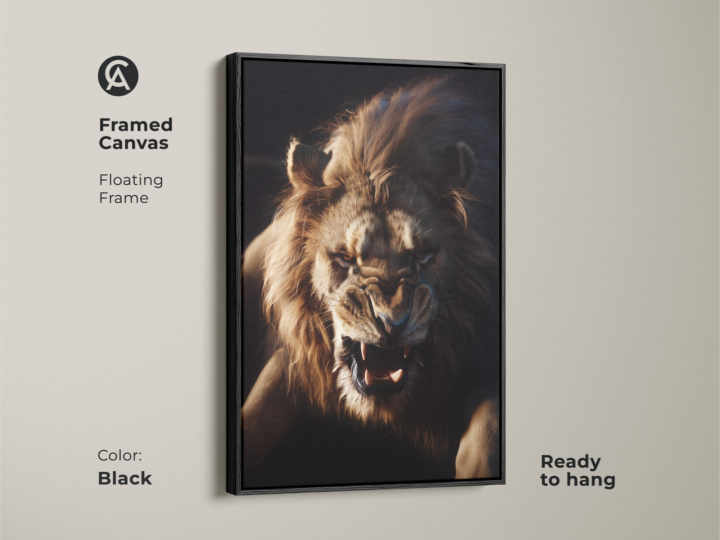 Fierce Lion Face Wall Art on framed canvas with a floating frame in black. This wildlife animal poster decor is ready to hang. The intense lion gaze art adds untamed elegance to any room. Perfect as powerful animal wall art.
