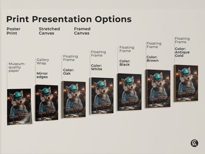 Sizing guide for vertical wolf mechanic canvas and poster prints. Artwork shows a wolf in a teal hard hat. The guide helps you choose the best size for your space. Ideal for eclectic home decor.