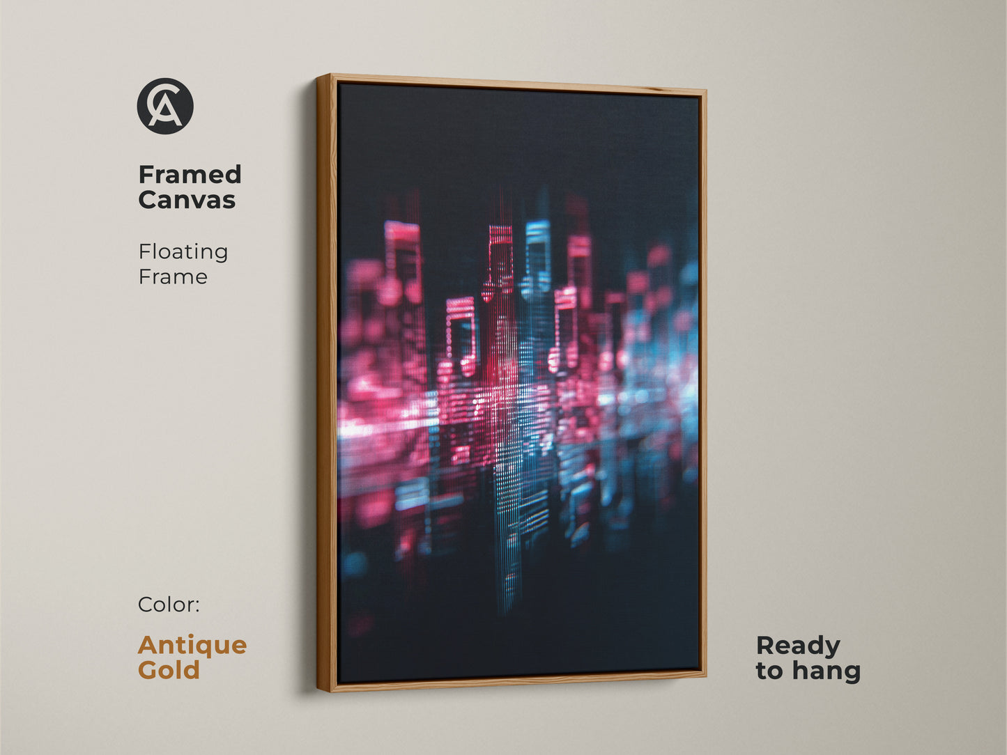 Antique Gold Framed Canvas displaying an abstract music cityscape. The magenta and blue digital artwork adds a modern touch. Ideal for contemporary wall hanging or unique office decor. A great housewarming gift for music enthusiasts. The abstract sound wave is captivating.