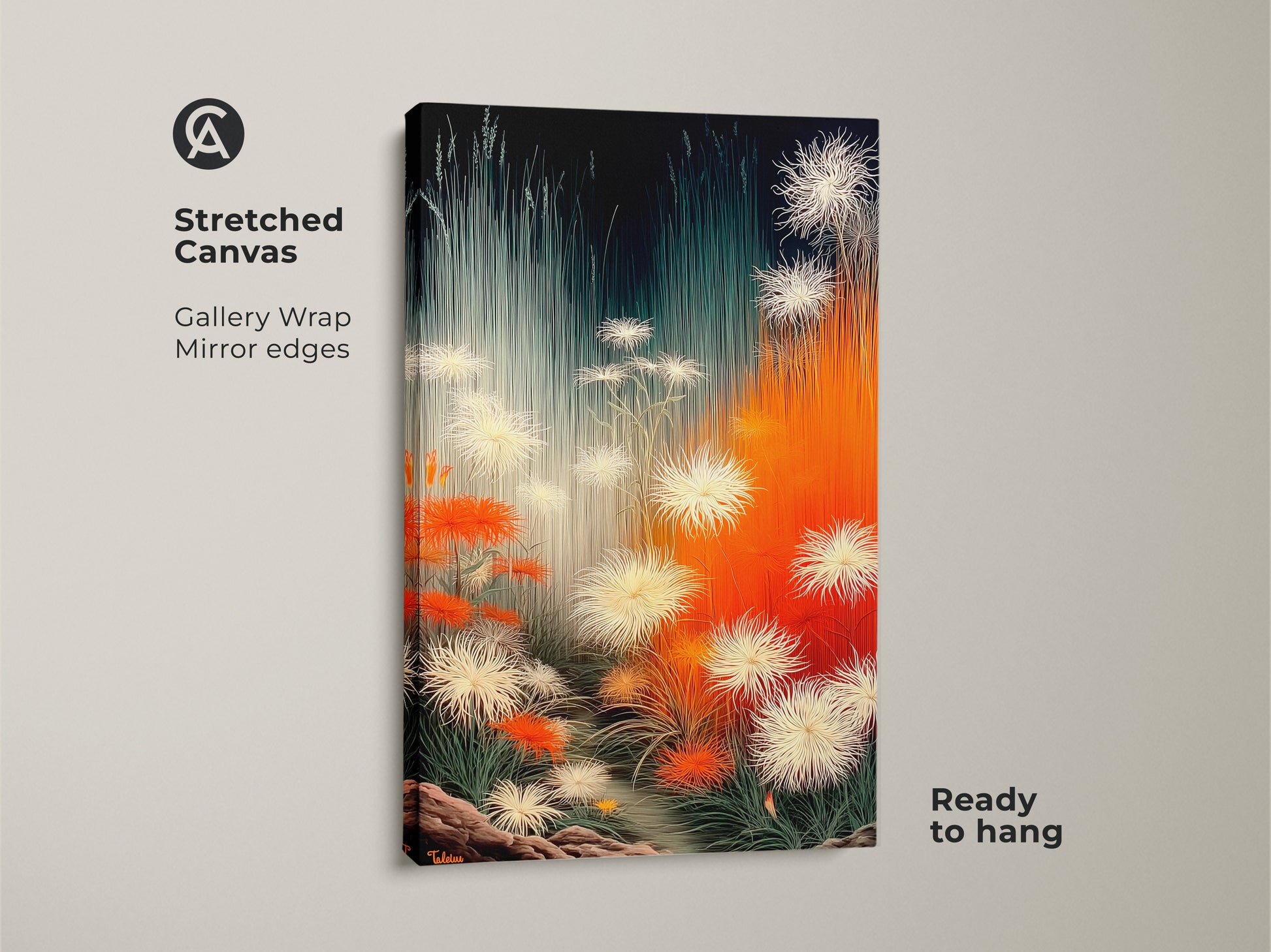 Stretched canvas showcasing abstract botanical art with gallery wrap and mirror edges. Ready to hang this piece features orange white and teal floral elements. A modern dandelion nature artwork offering a fresh perspective on contemporary wall decor perfect as a housewarming gift.