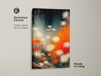 Stretched canvas showcasing abstract botanical art with gallery wrap and mirror edges. Ready to hang this piece features orange white and teal floral elements. A modern dandelion nature artwork offering a fresh perspective on contemporary wall decor perfect as a housewarming gift.