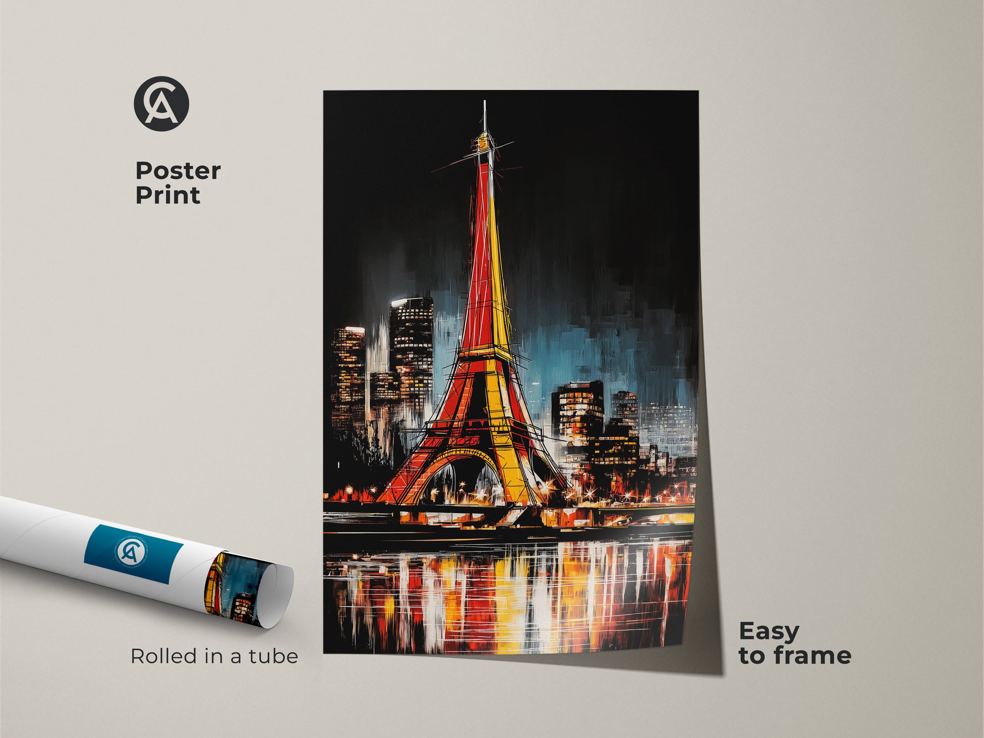 Poster print features an abstract Eiffel Tower. The red yellow and blue artwork provides an easy to frame option. This Paris cityscape art piece arrives rolled in a tube for protection.