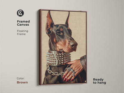 Elevate your space with this framed canvas featuring a Doberman in a spiked collar. The floating frame in brown adds a modern touch. The artwork is ready to hang. This pet portrait art print is a unique gift for Doberman owners. Dark academia wall decor.
