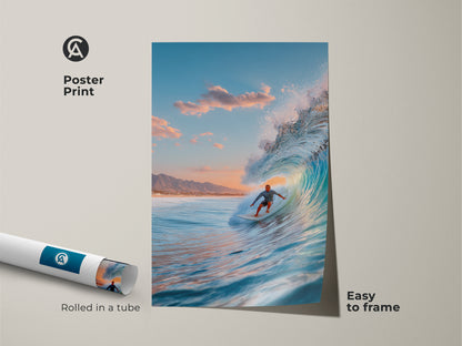 Museum-quality surfer poster print rolled in a tube. The art features a surfer riding a blue ocean wave. Easy to frame. A great piece for coastal home decor. The colors are vibrant.