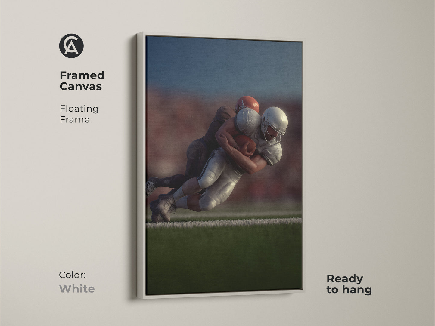 Framed canvas showcasing a dynamic football tackle with a floating white frame. This photorealistic sports action wall art is ready to hang. It will add a touch of modern art to any sports fan's collection. Perfect for den sports decor or as a gift for dad. It captures an intense football moment.