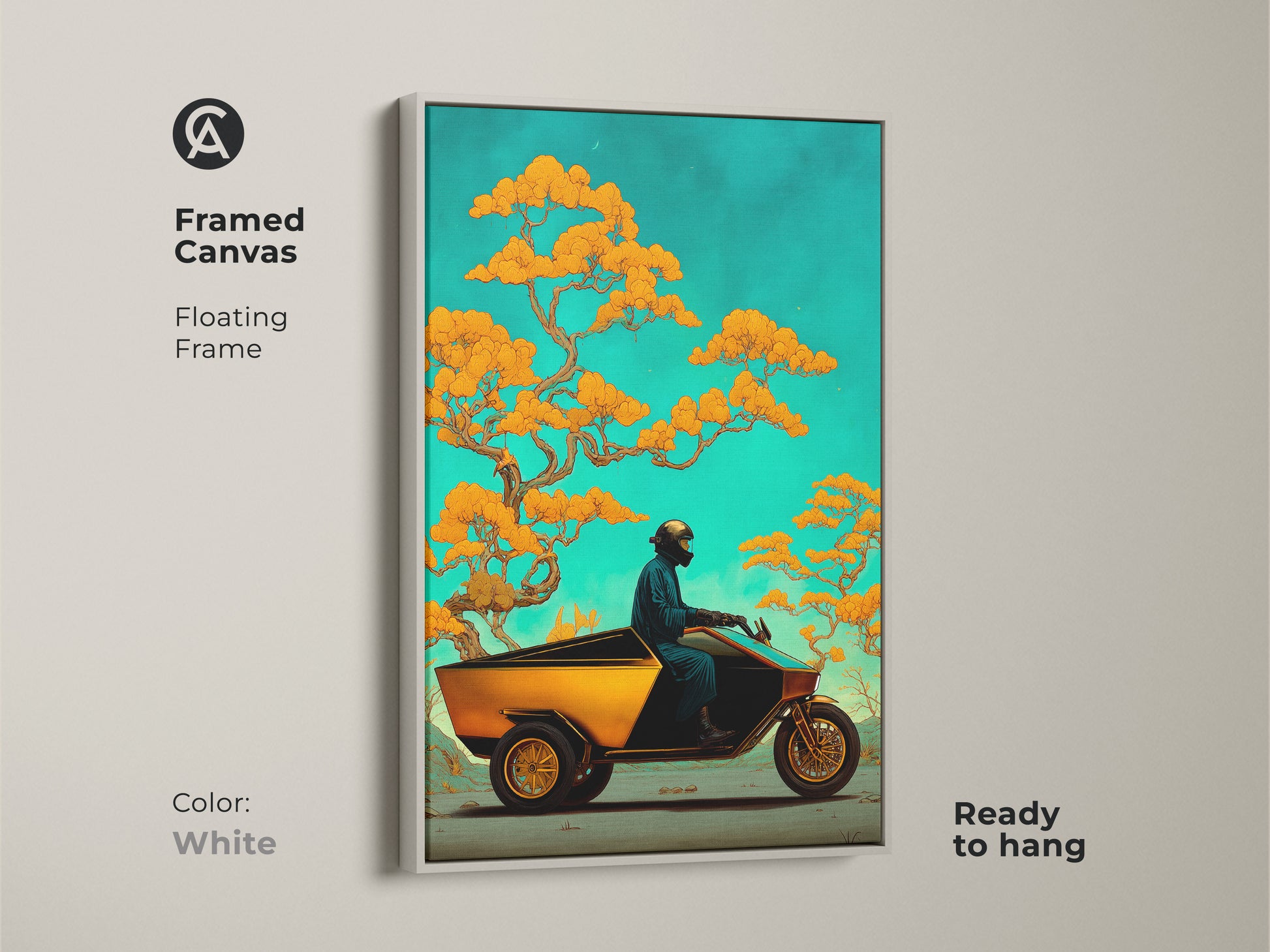 Add a modern touch with this framed canvas featuring a surreal trike and bonsai artwork. A white floating frame showcases the fantasy nature scene. Ready to hang eclectic art for any room.