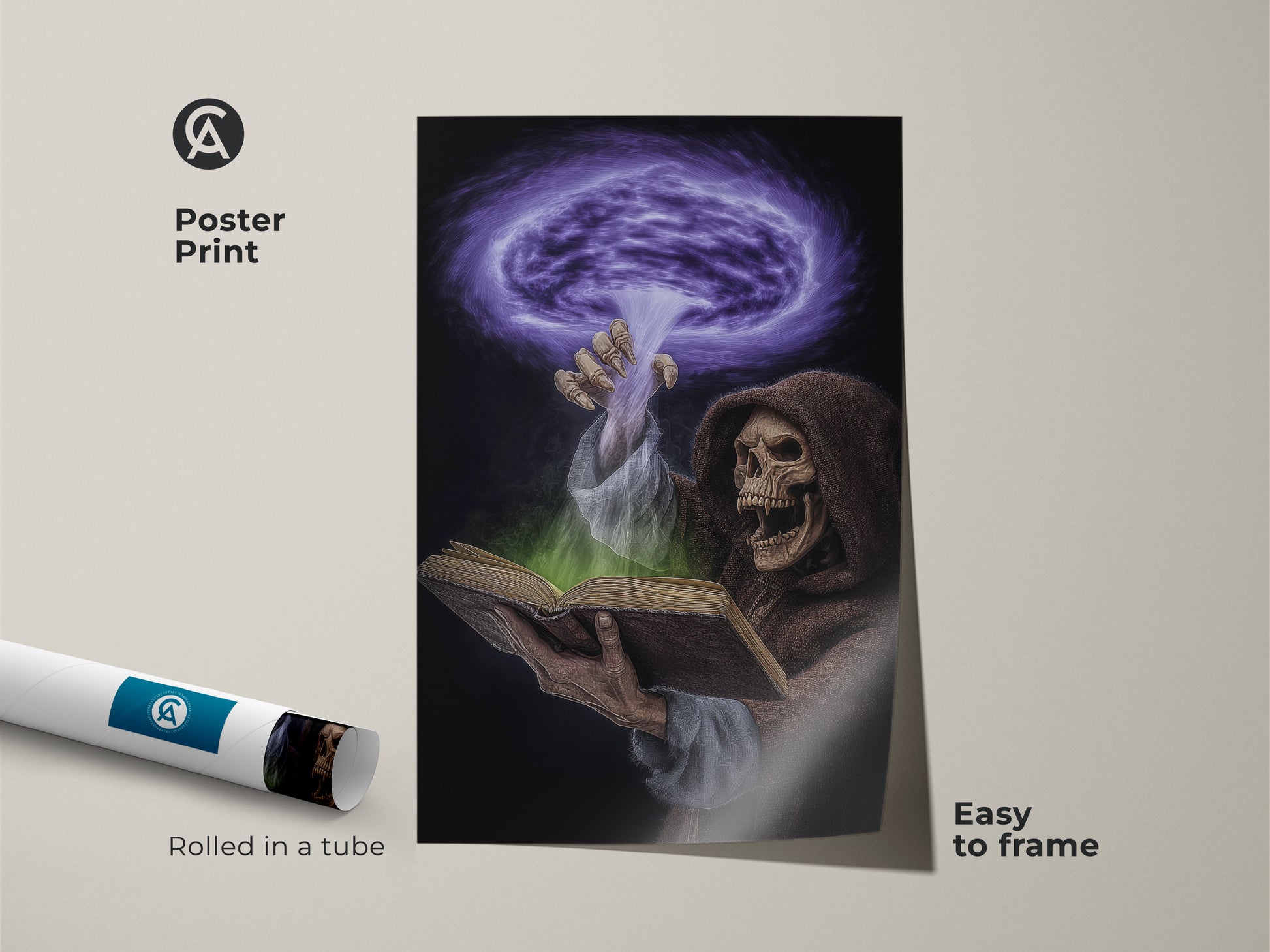 A poster print features gothic spellbook art. The dark fantasy artwork depicts a Grim Reaper with a spellbook. Easy to frame this purple and green magic art adds an eclectic touch. Rolled in a tube this print is a perfect Halloween gift for goth subculture decor.